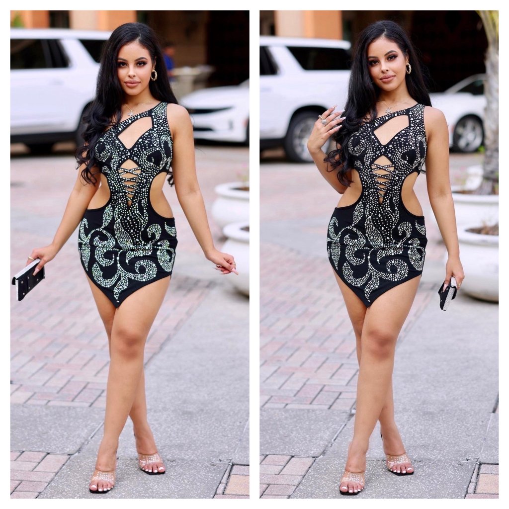 Blake Sexy One Shoulder Rhinestone Mini Dress - Black